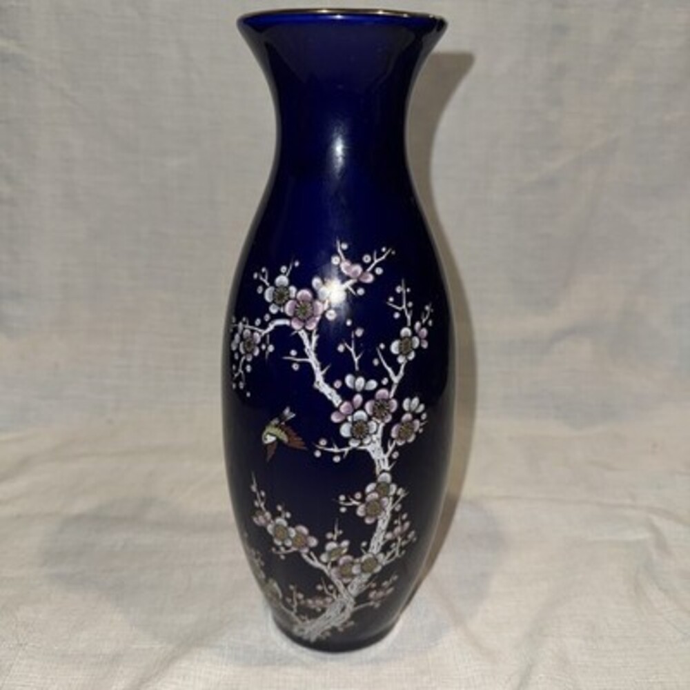 Yamato Japan Porcelain Cobalt Blue Cherry Blossoms Bird Floral Gold Rimmed Vase.